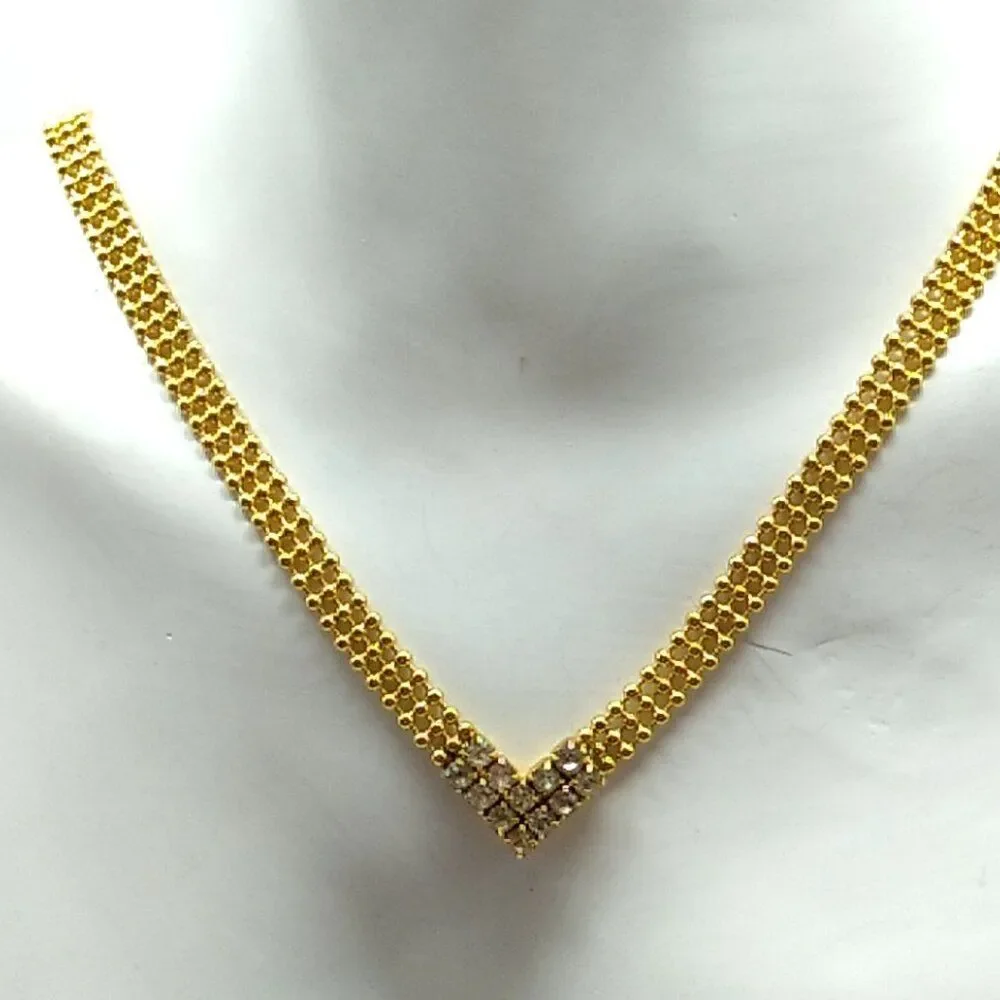 V Shaped Crystal Center Triple Row Delicate Round Gold-tone Beaded Necklace